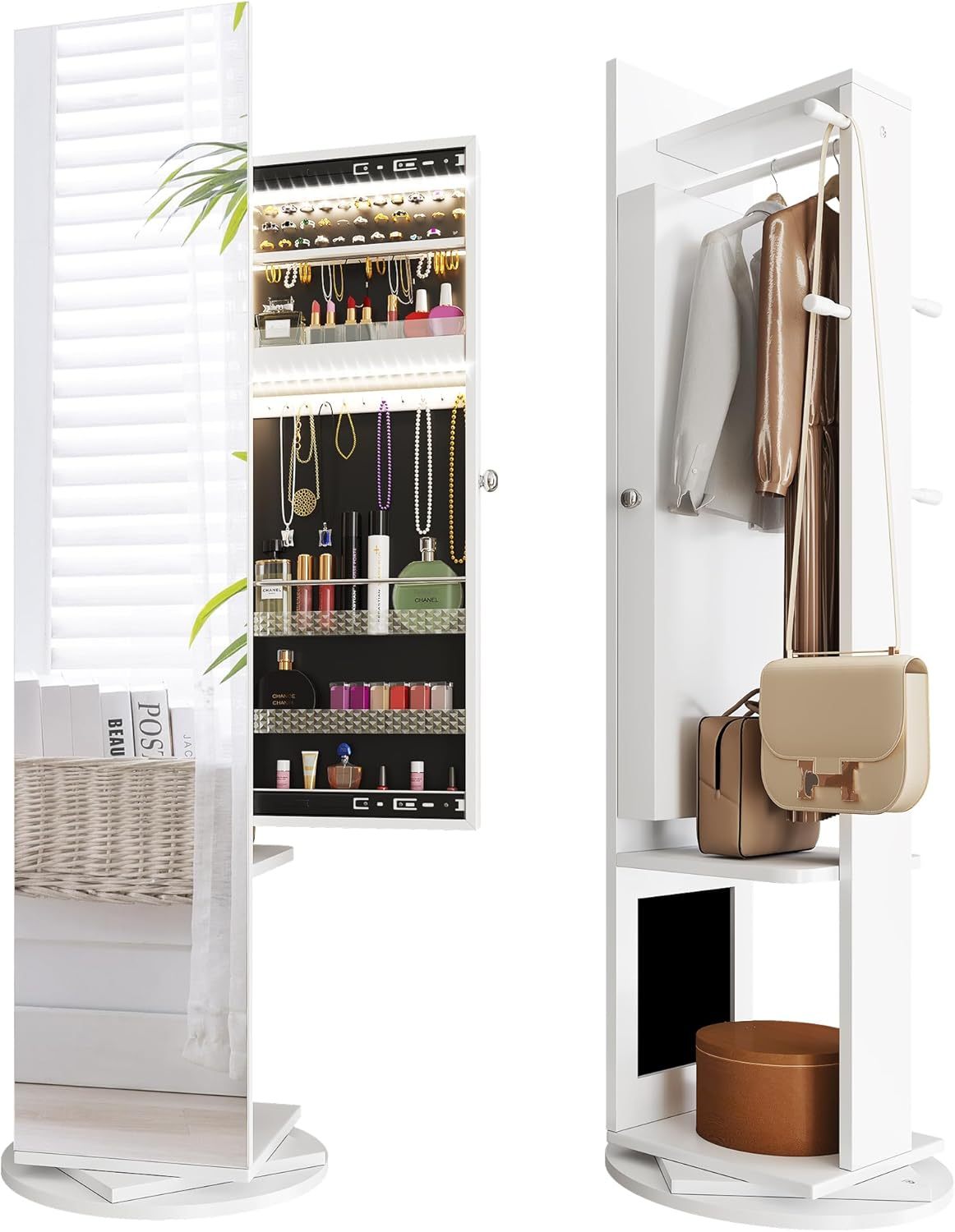 Jewelry Mirror Cabinet with Lights Full Length Mirror Jewelry Armoire LED Jewelry Organizer with 1 Coat Hanger, 4 Hooks, Standing Jewelry Armoires with Storage Shelves