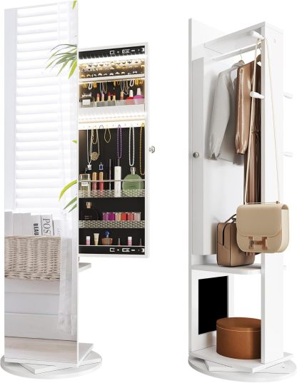 Jewelry Mirror Cabinet with Lights Full Length Mirror Jewelry Armoire LED Jewelry Organizer with 1 Coat Hanger, 4 Hooks, Standing Jewelry Armoires with Storage Shelves