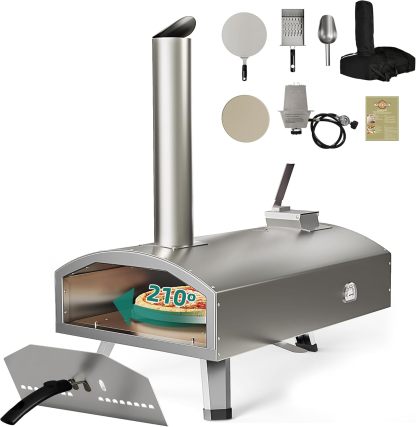 Multi-Fuel Outdoor Pizza Oven with Rotating, 12" Wood and Gas Fired Pizza Oven with Built-in Thermometer