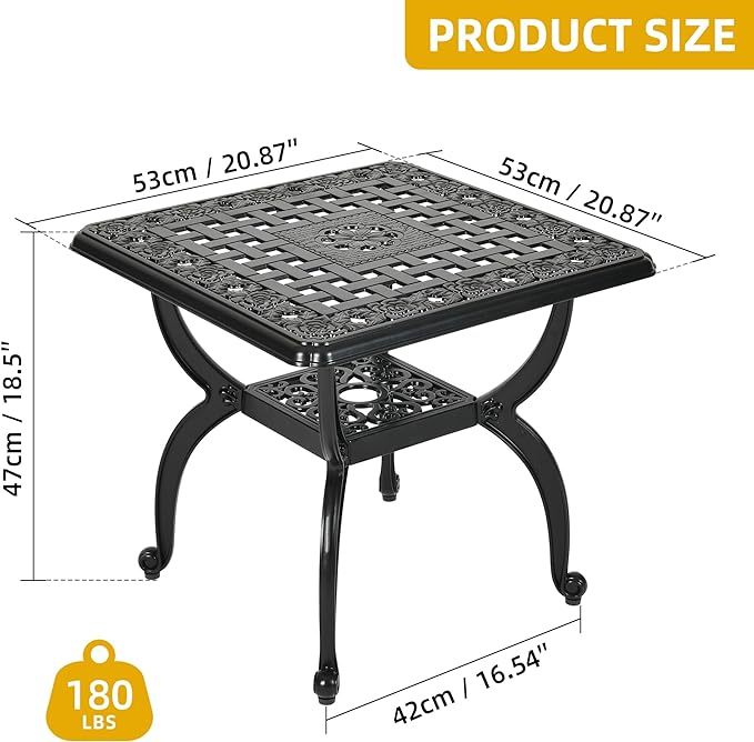 Outdoor Cast Aluminum Square Side Table, Patio End Table Bistro Coffee Table