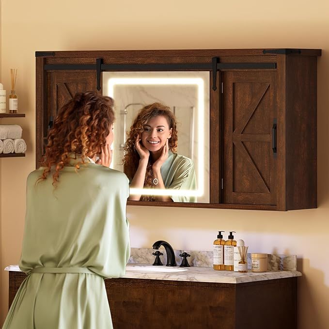 Farmhouse Medicine Cabinet Mirror with Lights, Bathroom Wall Cabinet w/Rustic Sliding Barn Door