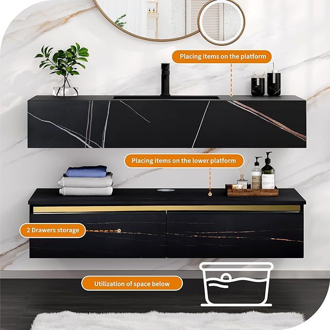 48 Inch Floating Bathroom Vanity, Wall Mounted Bathroom Vanity with Ceramic Basin Sink