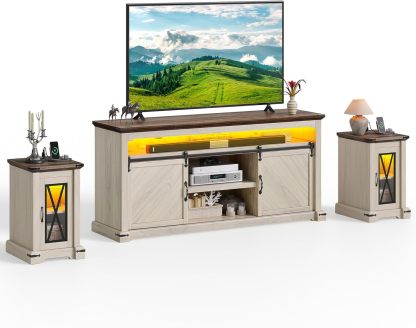 Farmhouse TV Stand 3-Piece Sets, Includes Sliding Barn Door TV Stand and 2Pcs Nightstand, LED Console Table