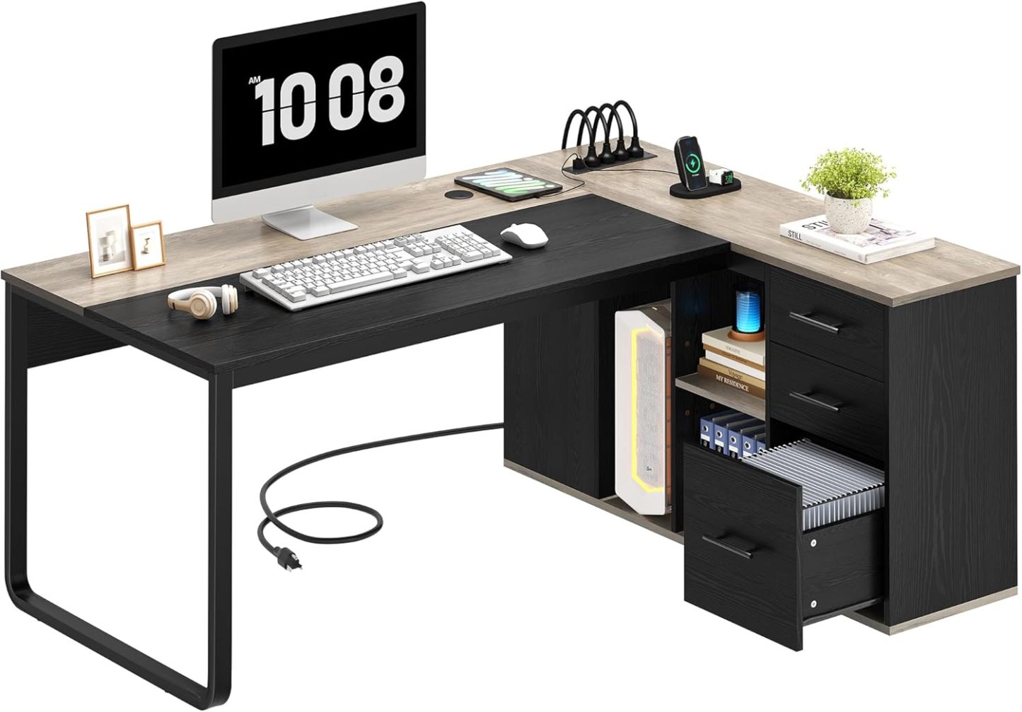 71" Executive Desk with Power Outlets, L Shaped Desk with File Cabinet, Executive Desk with Drawers & Storage Shelves