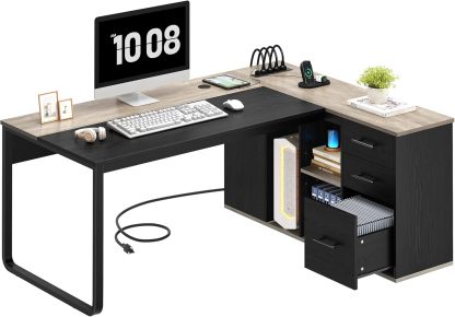 71" Executive Desk with Power Outlets, L Shaped Desk with File Cabinet, Executive Desk with Drawers & Storage Shelves