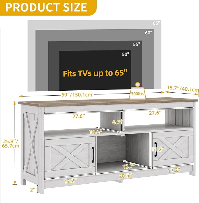 Farmhouse TV Console, TV Stand with Power Outlets for TVs up to 65 Inch