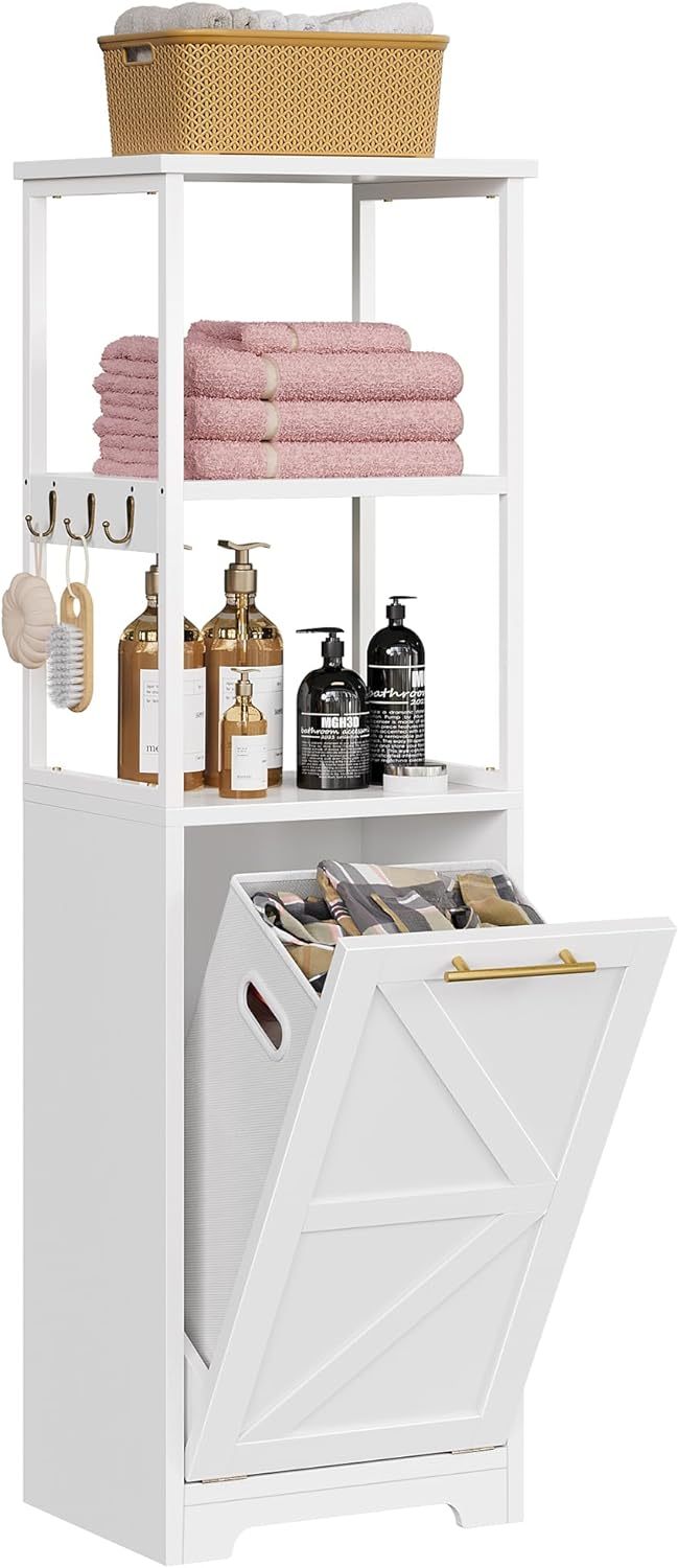 Tilt Out Laundry Hamper, Hidden Laundry Hamper Cabinet and 3-Tier Storage Shelves with Removable Laundry Basket