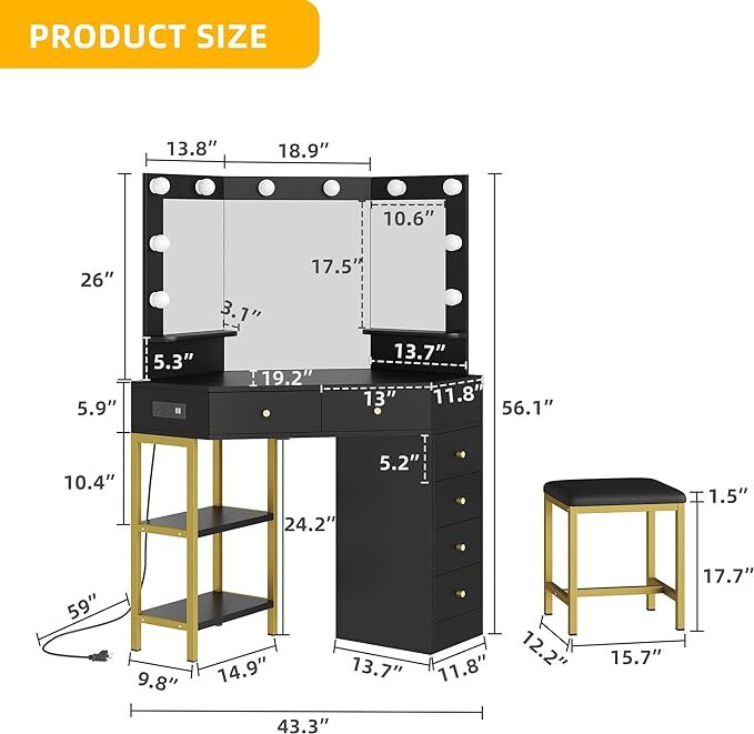 Makeup Vanity Desk w/Hollywood Bulbs Mirror & Power Outlet