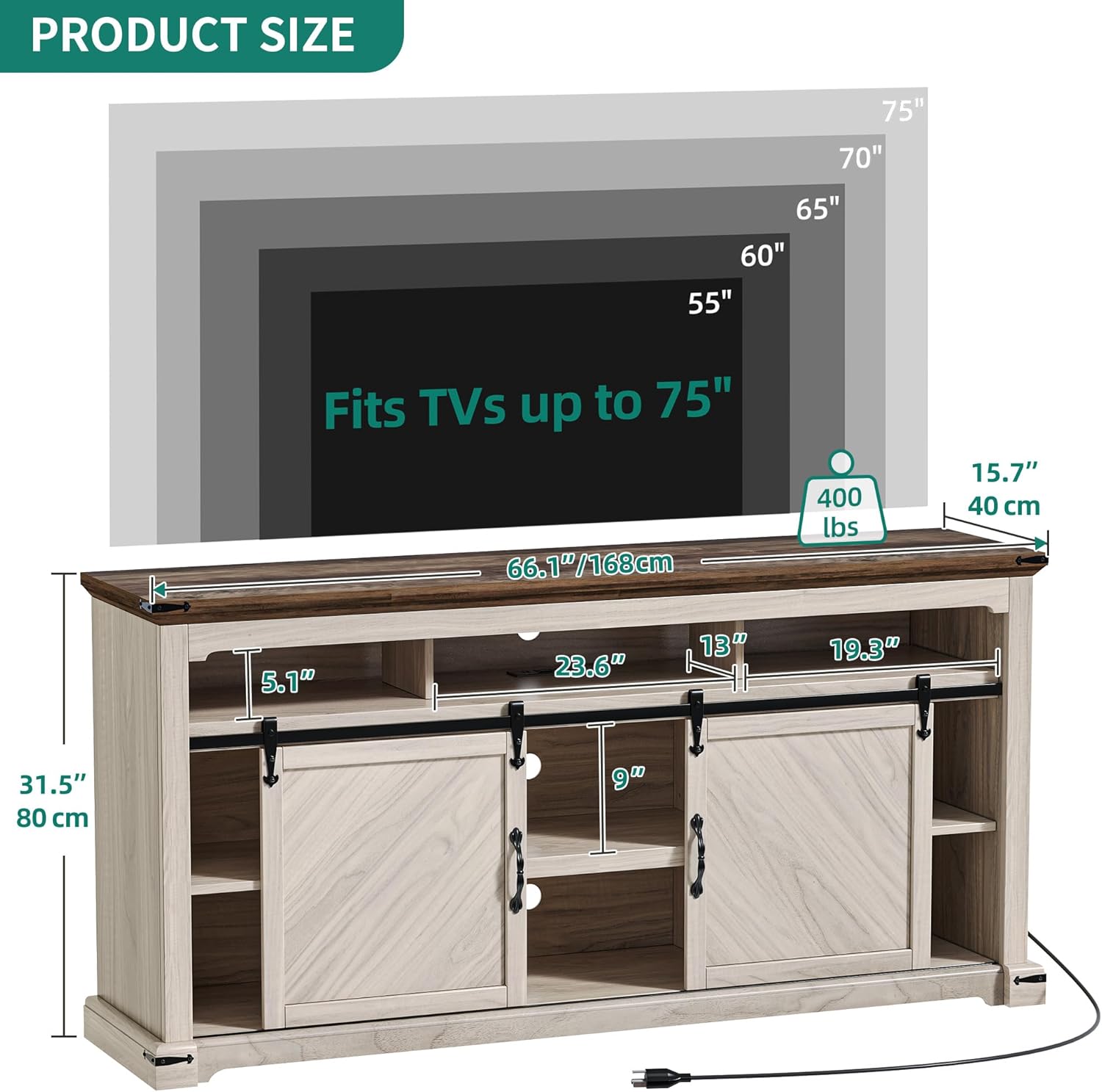 Farmhouse TV Stand 3-Piece Sets, Includes Sliding Barn Door TV Stand and 2Pcs Nightstand, LED Console Table