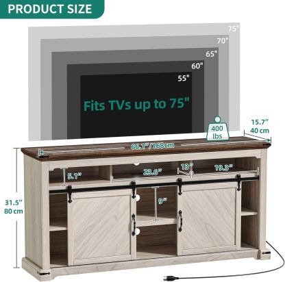 Farmhouse TV Stand 3-Piece Sets, Includes Sliding Barn Door TV Stand and 2Pcs Nightstand, LED Console Table