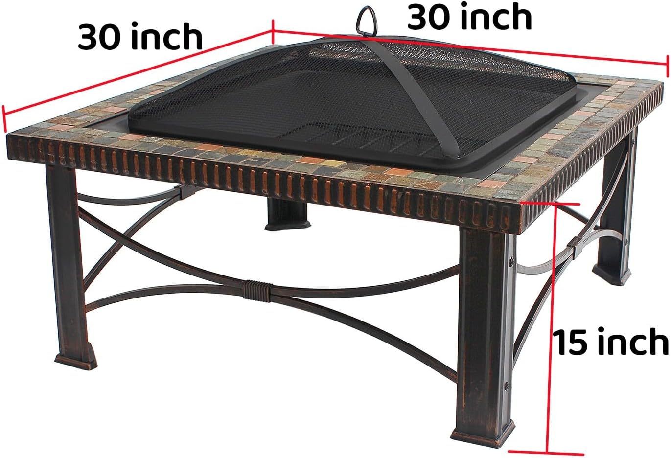 30 inch Fire Pits Table for Outside with Real Slate, Wood Burning Outdoor Fire Pit with Waterproof Cover & Fire Poker& Log Grate& Spark Screen