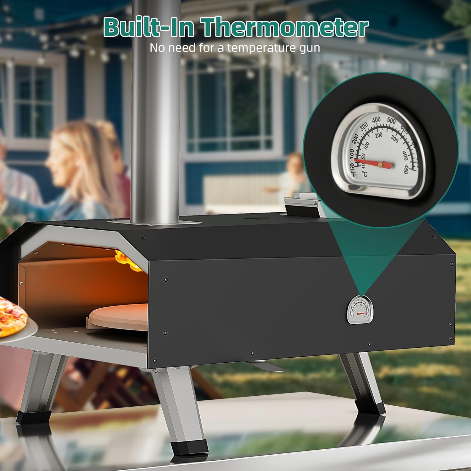 Outdoor Wood Pellet Pizza Oven with Rotating, 12" Wood Fired Pizza Oven with Built-in Thermometer