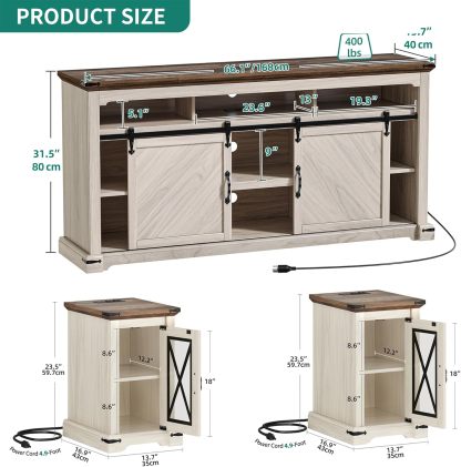 Farmhouse TV Stand 3-Piece Sets, Includes Sliding Barn Door TV Stand and 2Pcs Nightstand, LED Console Table