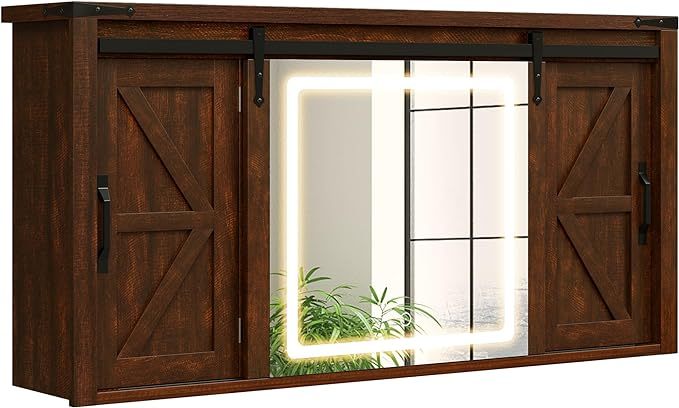 Farmhouse Medicine Cabinet Mirror with Lights, Bathroom Wall Cabinet w/Rustic Sliding Barn Door