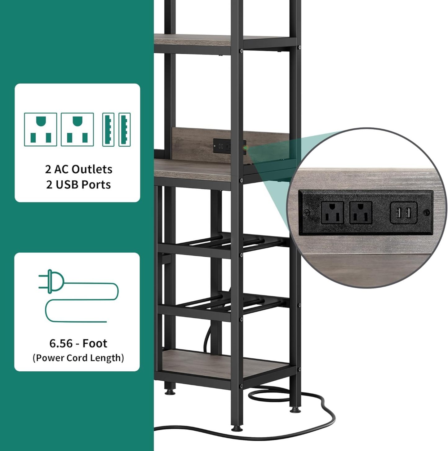 Large Corner Wine Rack, 63'' Corner Bar Cabinet with Power Outlet and LED Light, 5-Tier L Shaped Industrial Liquor Cabinet w/Glass Holder