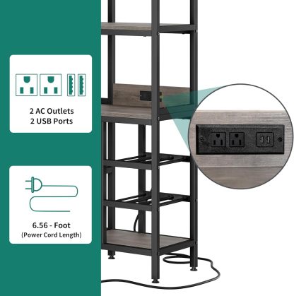 Large Corner Wine Rack, 63'' Corner Bar Cabinet with Power Outlet and LED Light, 5-Tier L Shaped Industrial Liquor Cabinet w/Glass Holder