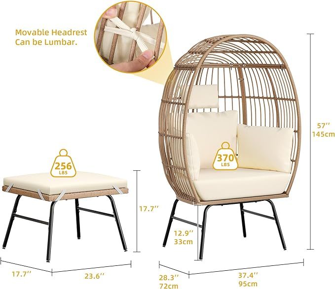 Outdoor Egg Chair with 2-in-1 Footrest, Patio Wicker Basket Chair with Ottoman
