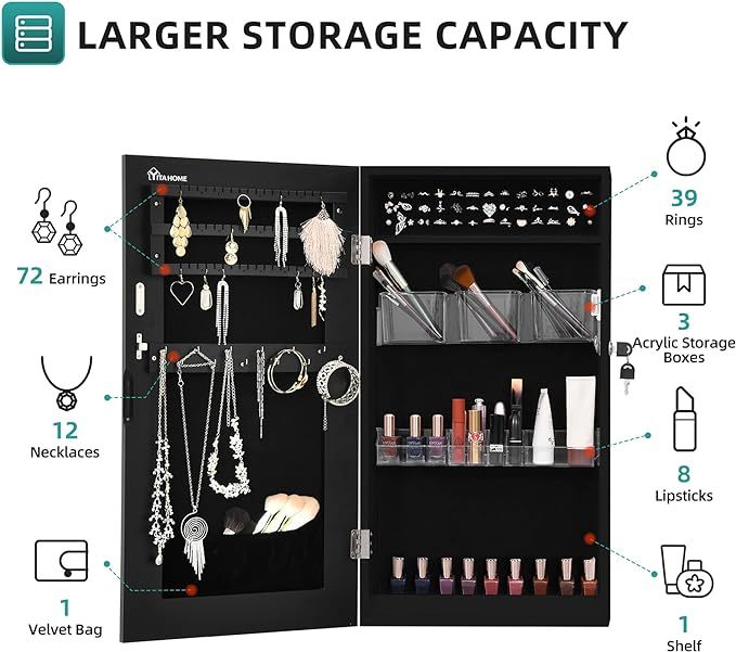 Lockable Jewelry Cabinet Armoire with Mirror, Wall-Mounted Mirror with Jewelry Storage