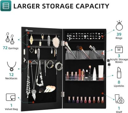 Lockable Jewelry Cabinet Armoire with Mirror, Wall-Mounted Mirror with Jewelry Storage