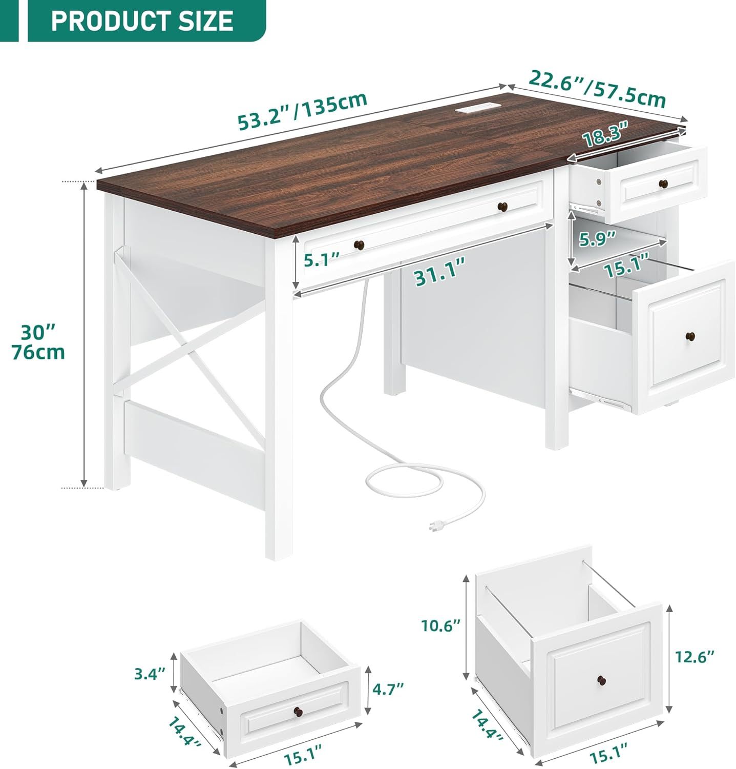 Computer Desk with Drawers, Farmhouse Desk with Lift Top, Office Desk with Power Outlets