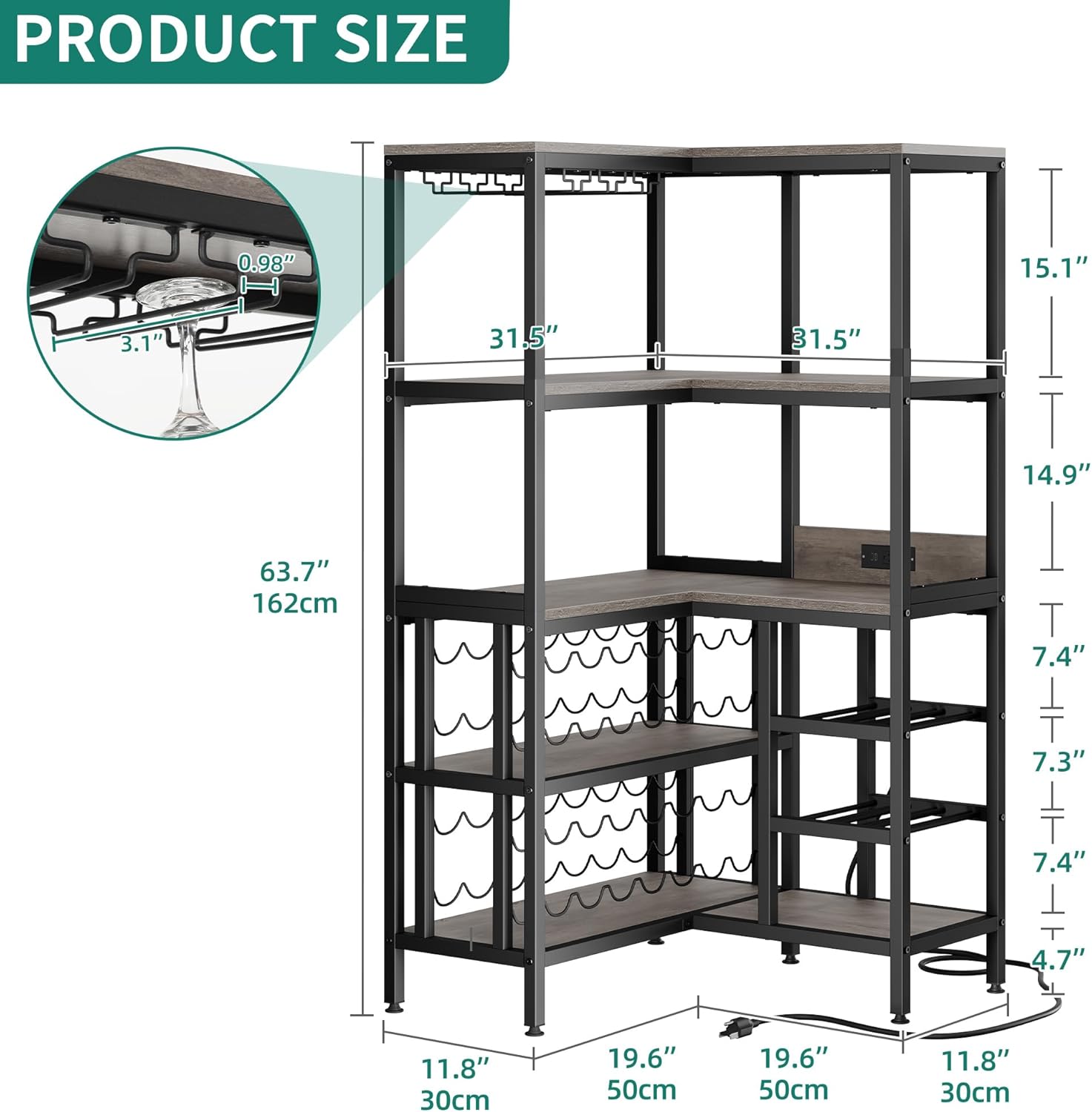Large Corner Wine Rack, 63'' Corner Bar Cabinet with Power Outlet and LED Light, 5-Tier L Shaped Industrial Liquor Cabinet w/Glass Holder