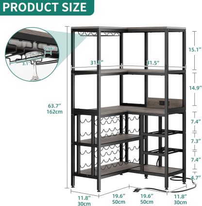 Large Corner Wine Rack, 63'' Corner Bar Cabinet with Power Outlet and LED Light, 5-Tier L Shaped Industrial Liquor Cabinet w/Glass Holder
