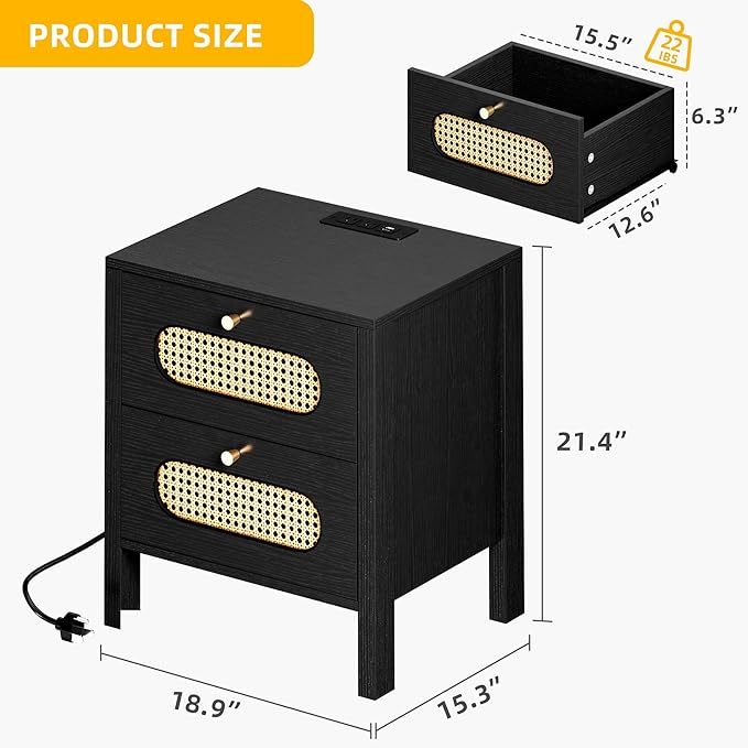 Natural Rattan Nightstands Set of 2 with Charging Station