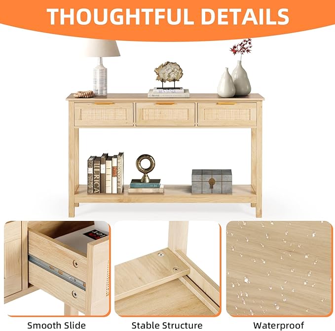 51" Console Table, Oak Grain Sofa Table with Wood Frame, Rustic Hallway Table with 3 Bamboo Weaving Storage Drawers and Shelf for Foyer Living Room Entryway
