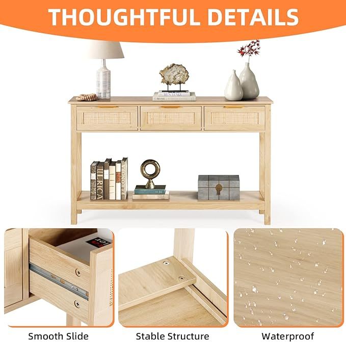 51" Console Table, Oak Grain Sofa Table with Wood Frame, Rustic Hallway Table with 3 Bamboo Weaving Storage Drawers and Shelf for Foyer Living Room Entryway