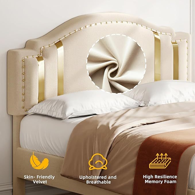 Queen Velvet Bed Frame with Adjustable Headboard, Upholstered Headboard and Footboard