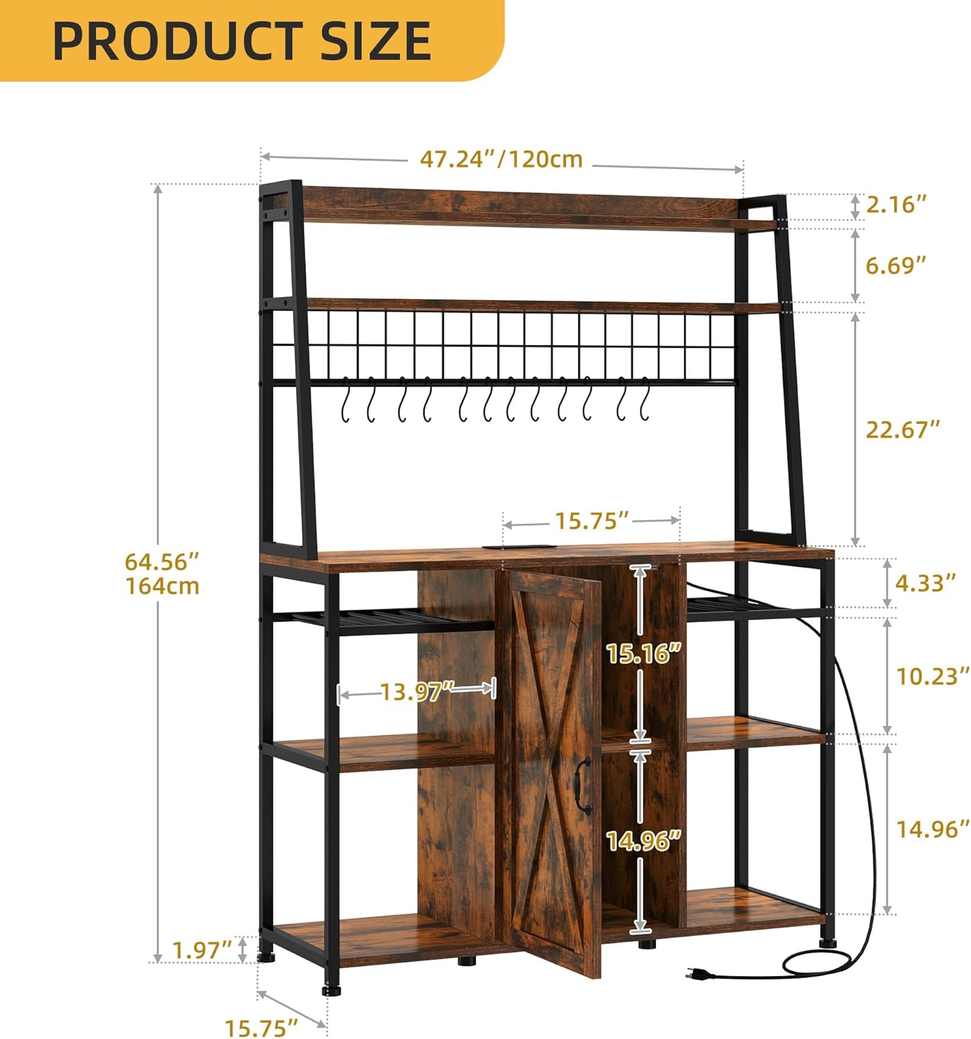 47’’ Large Bakers Rack with Power Outlet & Storage Cabinet, Kitchen Microwave Stand with Drawer