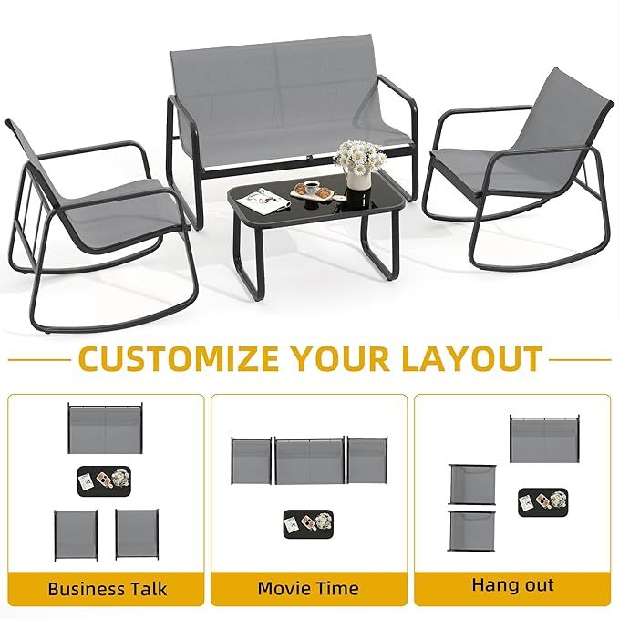 4 Piece Patio Furniture Set, Outdoor Conversation Sets for Patio, Lawn, Garden