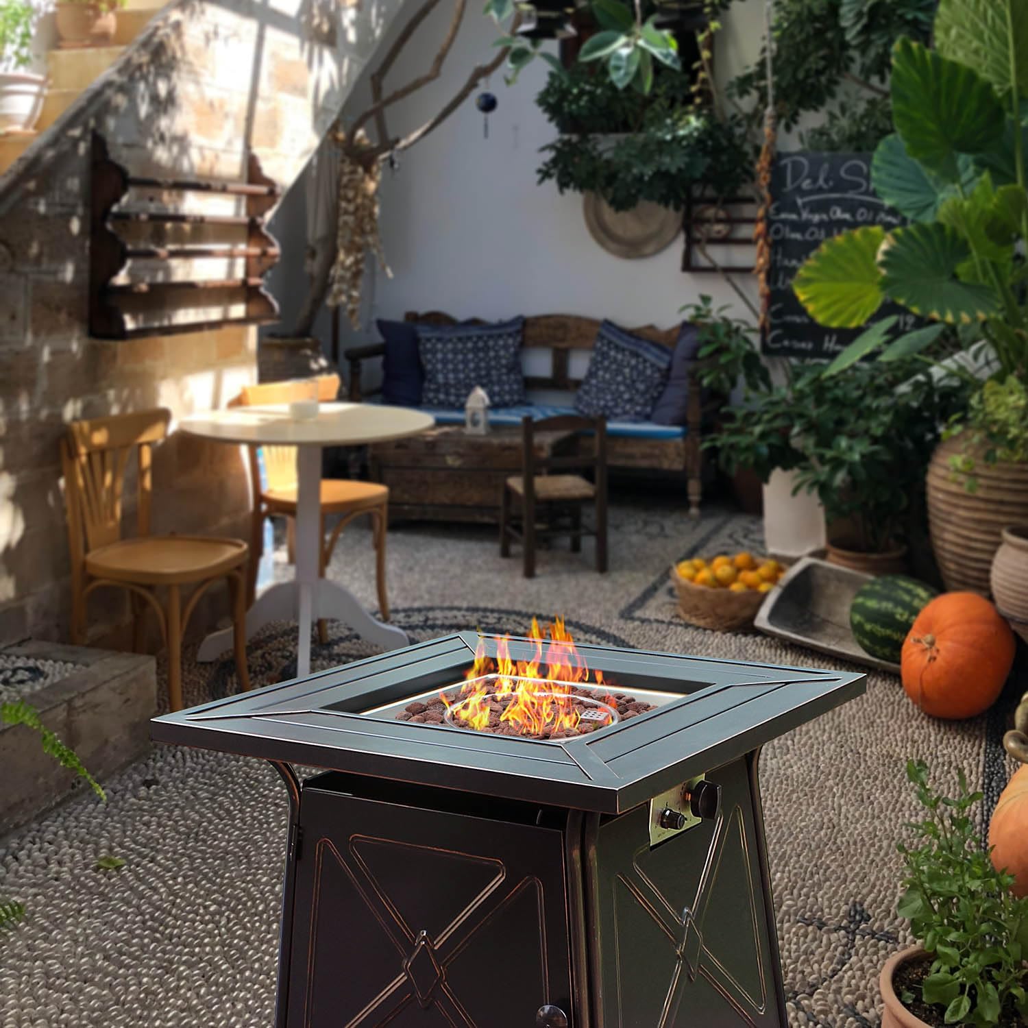 28" Fire Pit Table,Gas Fire Pits for Outside Patio,50000 BTU Propane Fire Pits with Lid &Lava Rocks