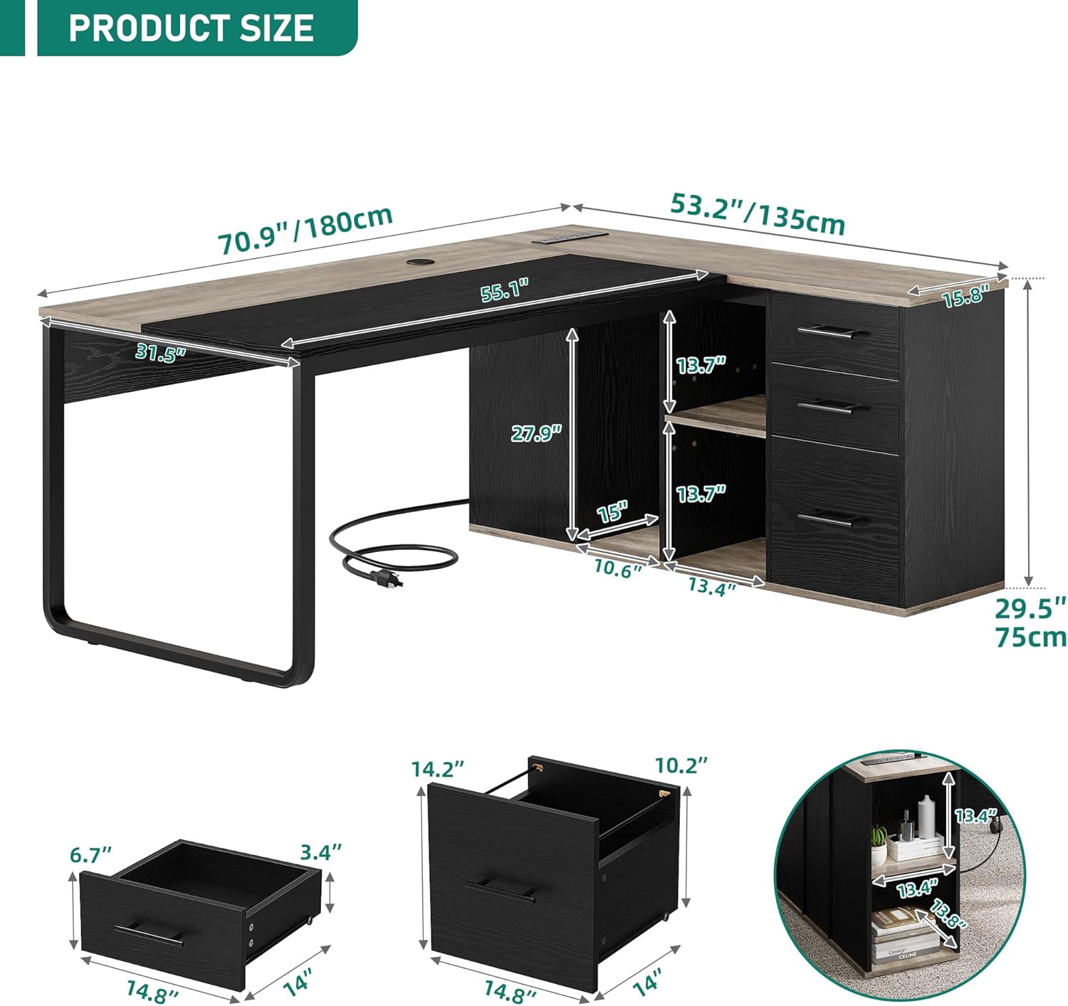 71" Executive Desk with Power Outlets, L Shaped Desk with File Cabinet, Executive Desk with Drawers & Storage Shelves