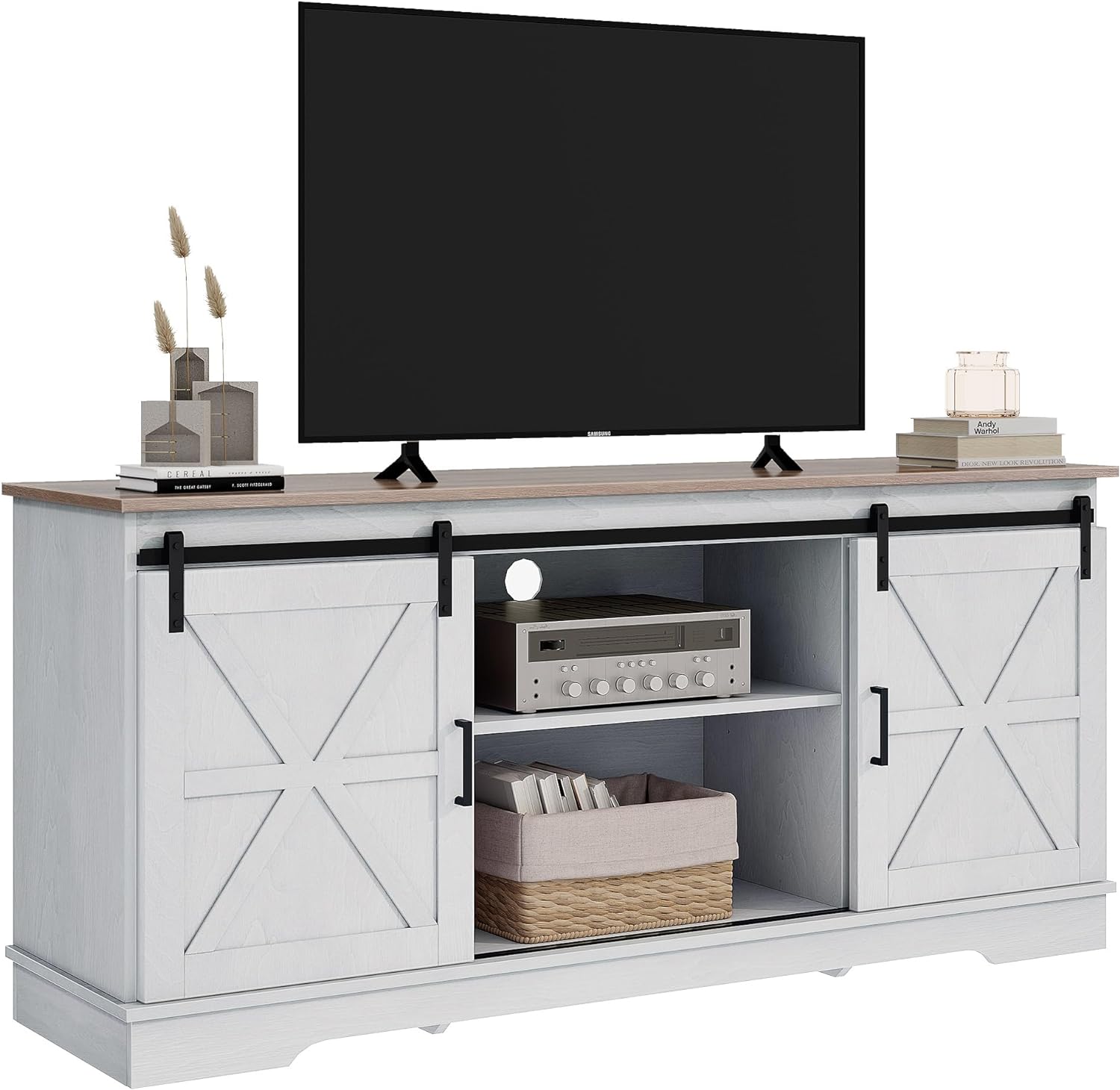 TV Cabinet for 65 Inch TV, Farmhouse TV Stand with Storage Cabinets and Sliding Barn Doors