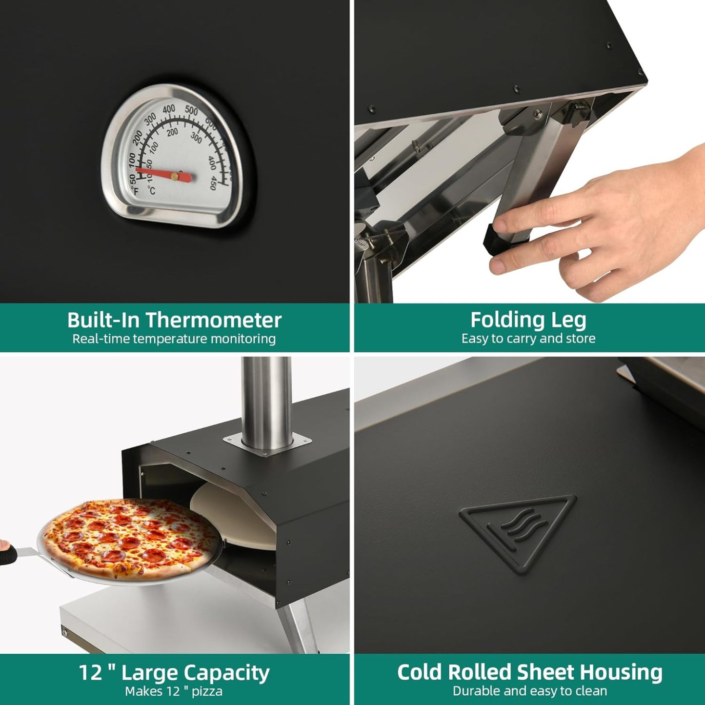 Outdoor Wood Pellet Pizza Oven with Rotating, 12" Wood Fired Pizza Oven with Built-in Thermometer