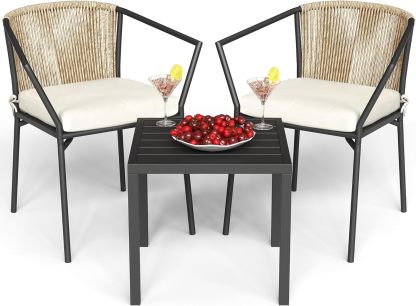 Wicker 3-Piece Outdoor Bistro Set, All-Weather Patio Conversation Set with Stackable Chairs & Table