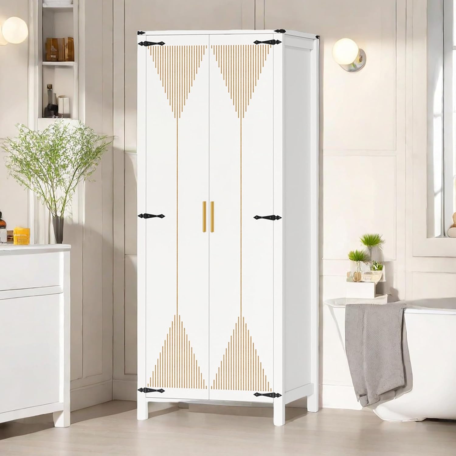 72" Tall Storage Cabinet, Modern Kitchen Pantry Cabinet with Carved Design for Doors ＆ Adjustable Shelves, Freestanding Wooden Storage Cabinet