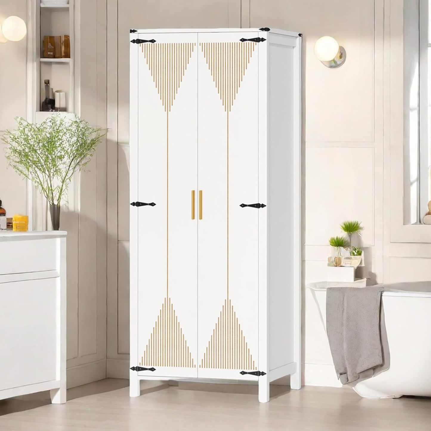 72" Tall Storage Cabinet, Modern Kitchen Pantry Cabinet with Carved Design for Doors ＆ Adjustable Shelves, Freestanding Wooden Storage Cabinet