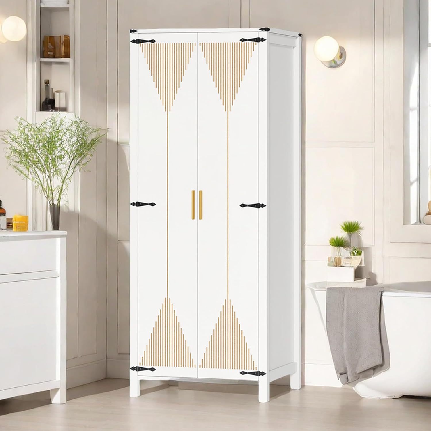 72" Tall Storage Cabinet, Modern Kitchen Pantry Cabinet with Carved Design for Doors ＆ Adjustable Shelves, Freestanding Wooden Storage Cabinet