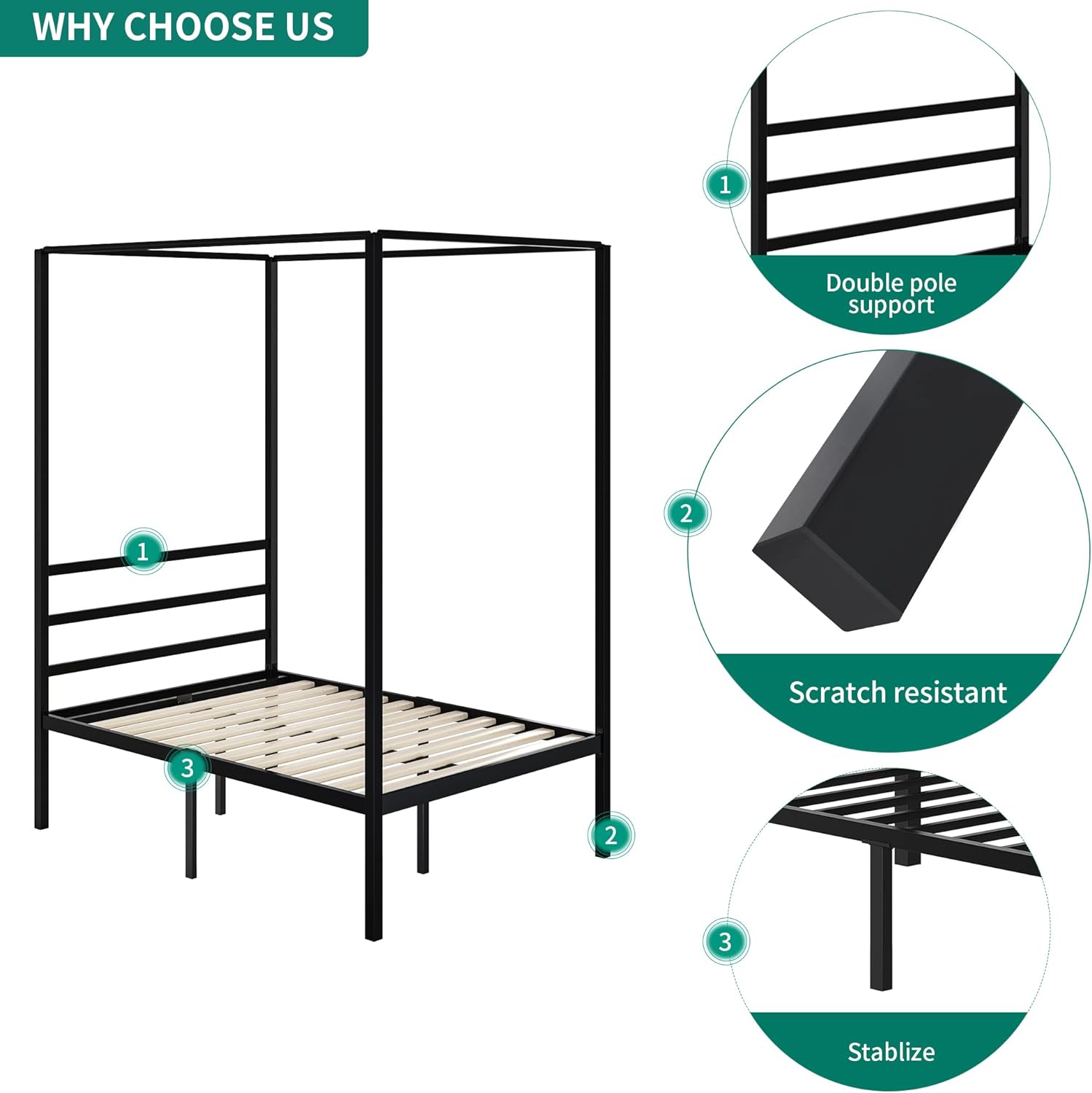 King Size Bed Frame, Metal Canopy Bed Frame with Wooden Slats Supports & 12.4 Underbed Storage