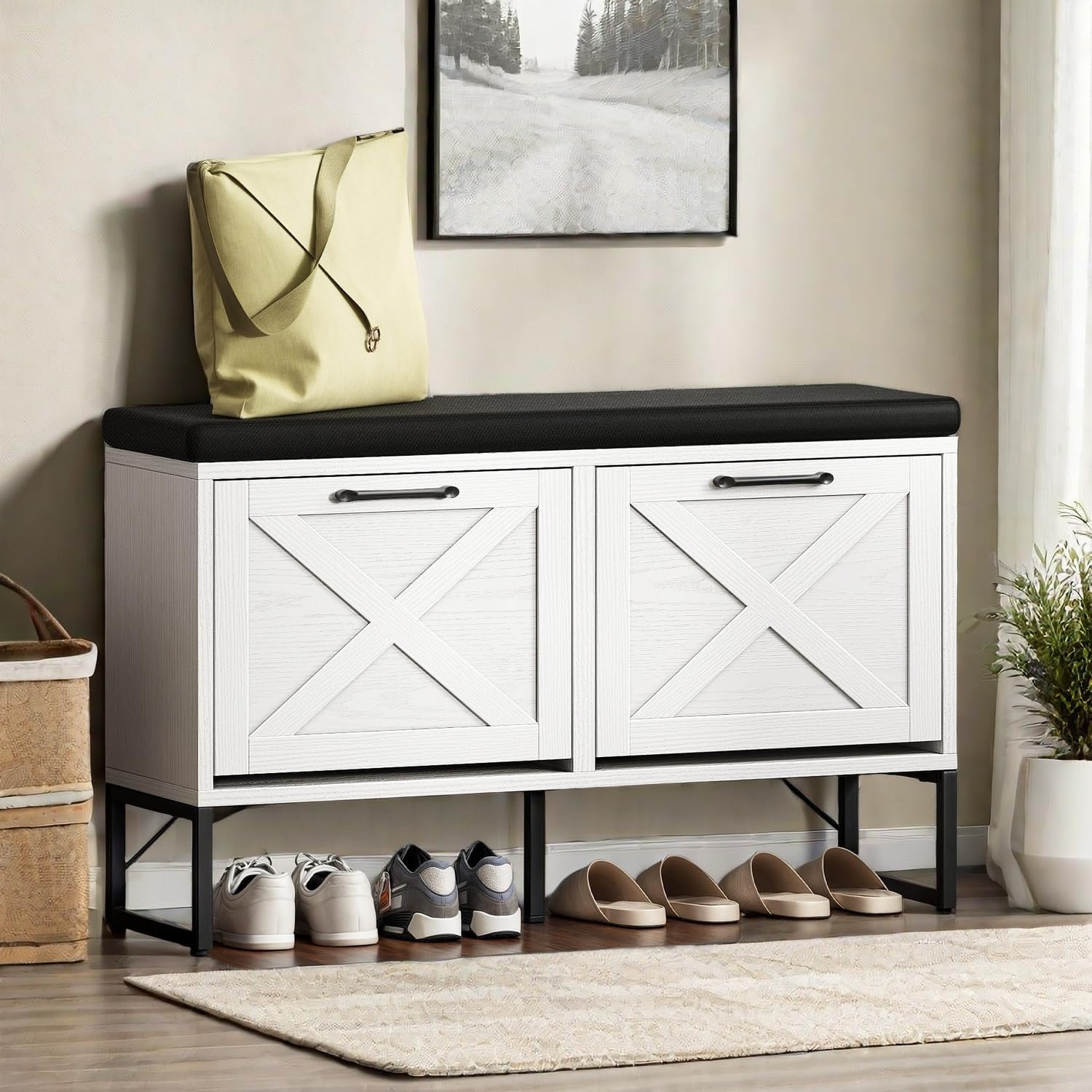 Shoe Cabinet Storage Bench for Entryway, 2-Tier Shoe Bench with 2 Flip Drawers & Padded Seat Cushion