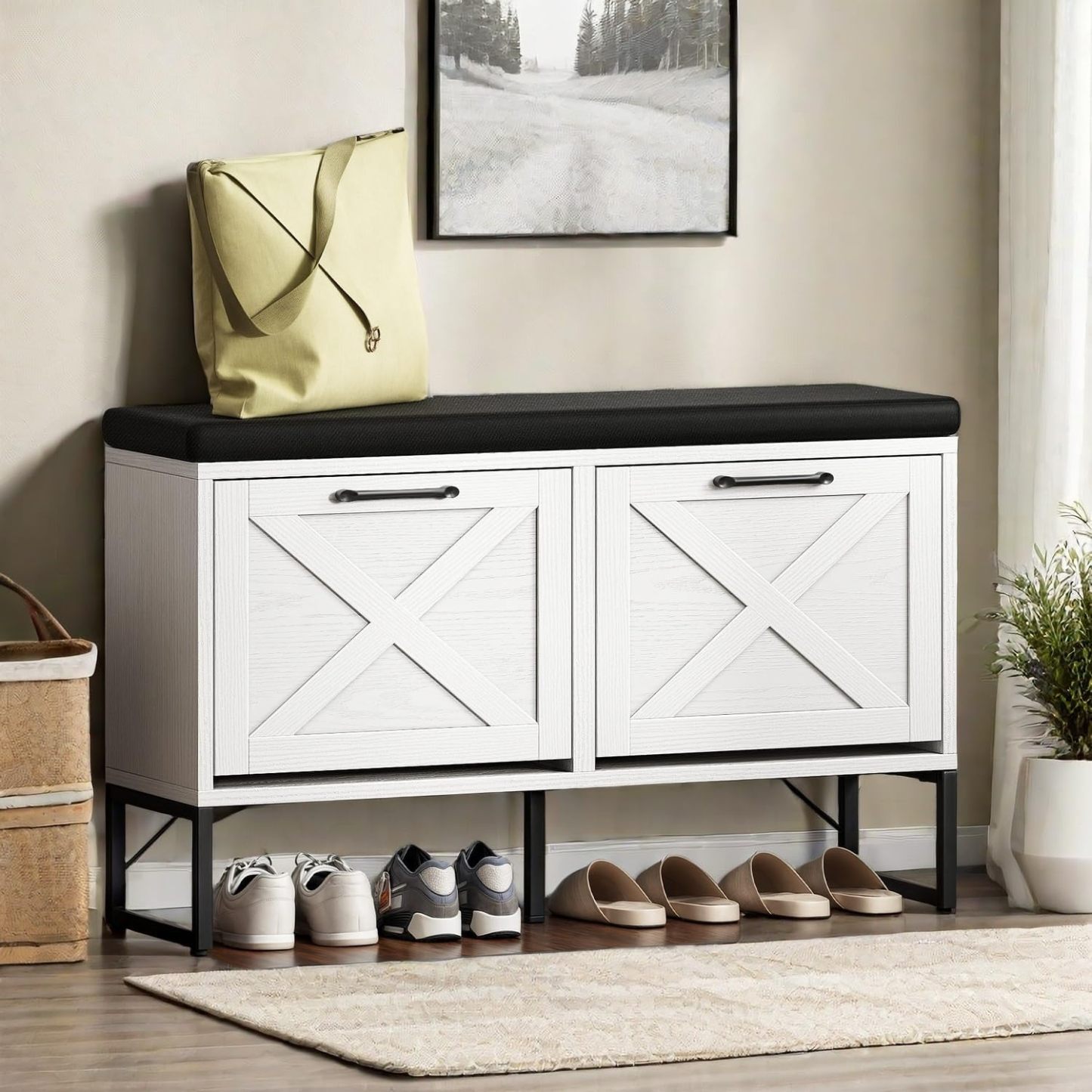 Shoe Cabinet Storage Bench for Entryway, 2-Tier Shoe Bench with 2 Flip Drawers & Padded Seat Cushion