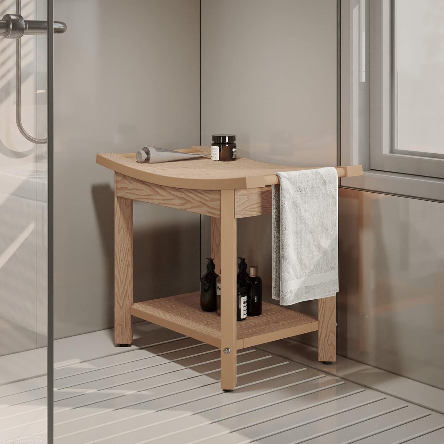 Poly Lumber Shower Bench, Shower Stool with Handles Storage Shelf
