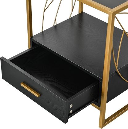 Black End Table, 20" Modern Side Table with 2 Shelf and Drawer