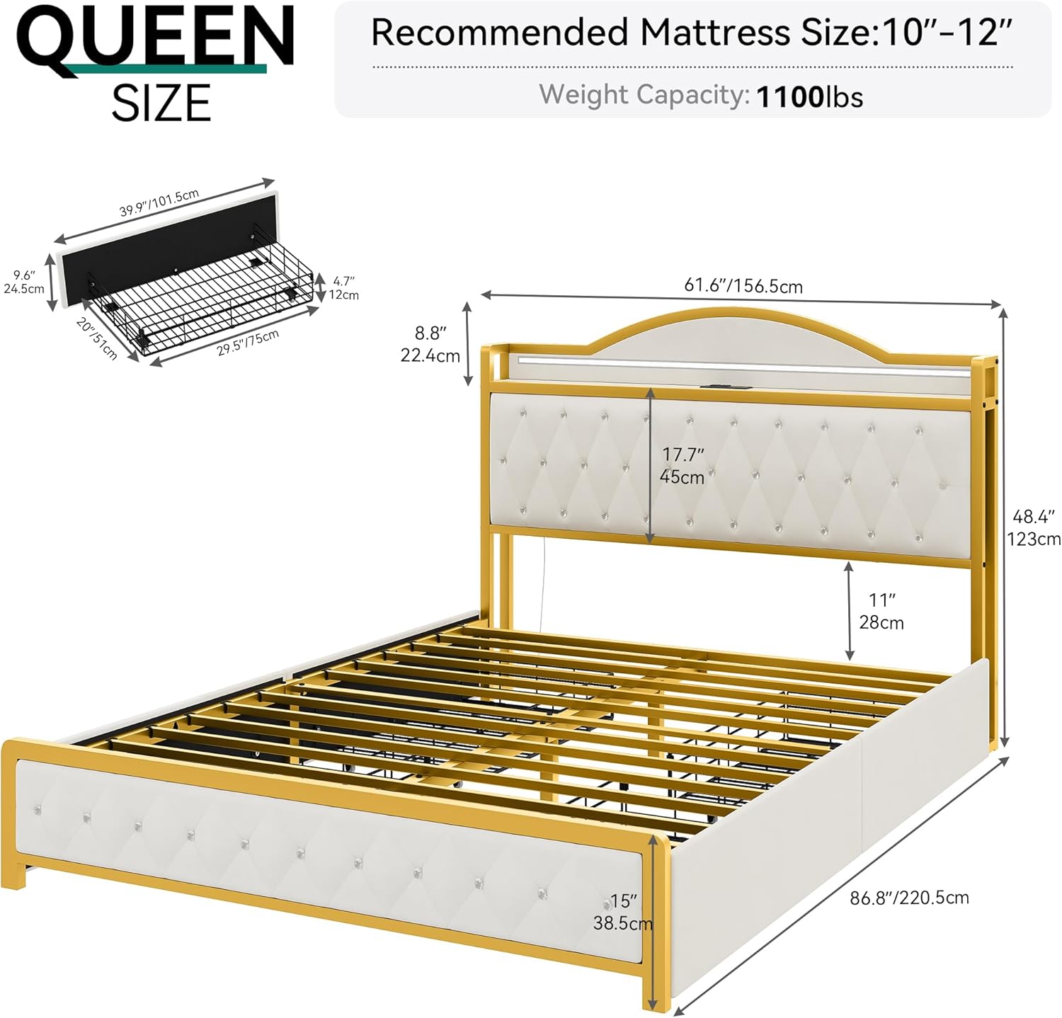 Queen Bed Frame with LED Lights, Platform Upholstered Bed with 4 Storage Drawers and Charging Station