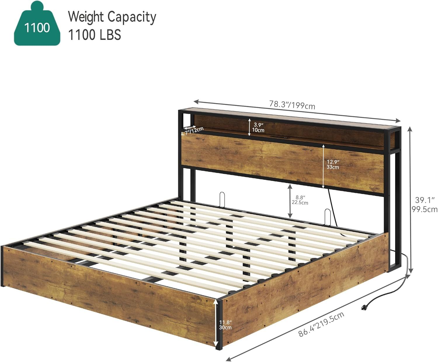 Lift Storage Bed Frame, King Size Bed Frame with 2-Tier Storage Shelf Headboard, LED Light Platform Bed Frame