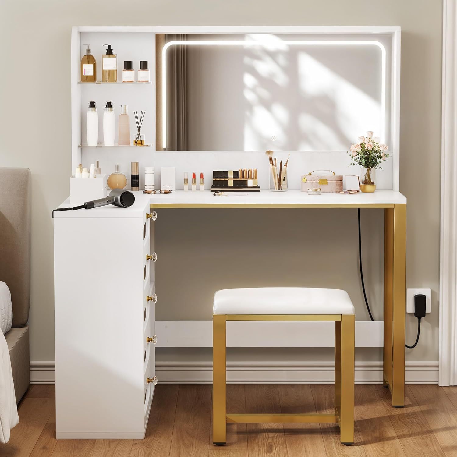 Vanity Desk Set- L Makeup Vanity with Mirror and Lights 3 Lighting Modes, 48" Large Dressing Table with 5 Tempered Glass Drawers with Open Storage Shelves Vanity Table, White