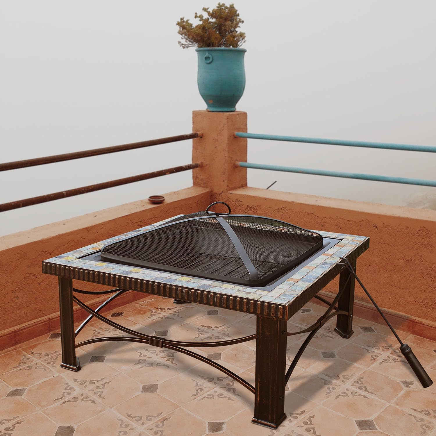 30 inch Fire Pits Table for Outside with Real Slate, Wood Burning Outdoor Fire Pit with Waterproof Cover & Fire Poker& Log Grate& Spark Screen