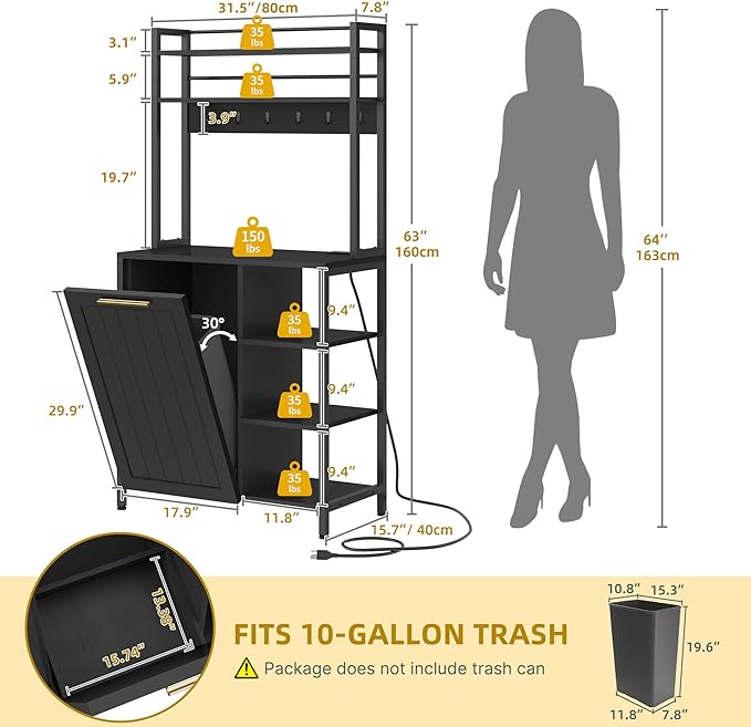 Black Bakers Rack with Trash Can Bin Cabinet and Power Outlet